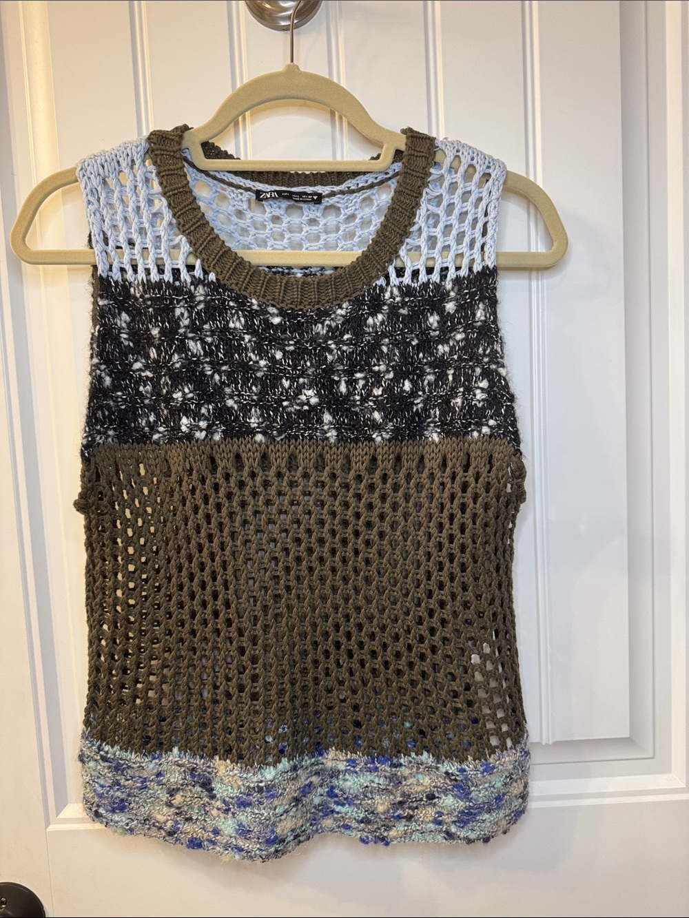 Zara Olive, Black & Light Blue Crochet Panel Tank Large